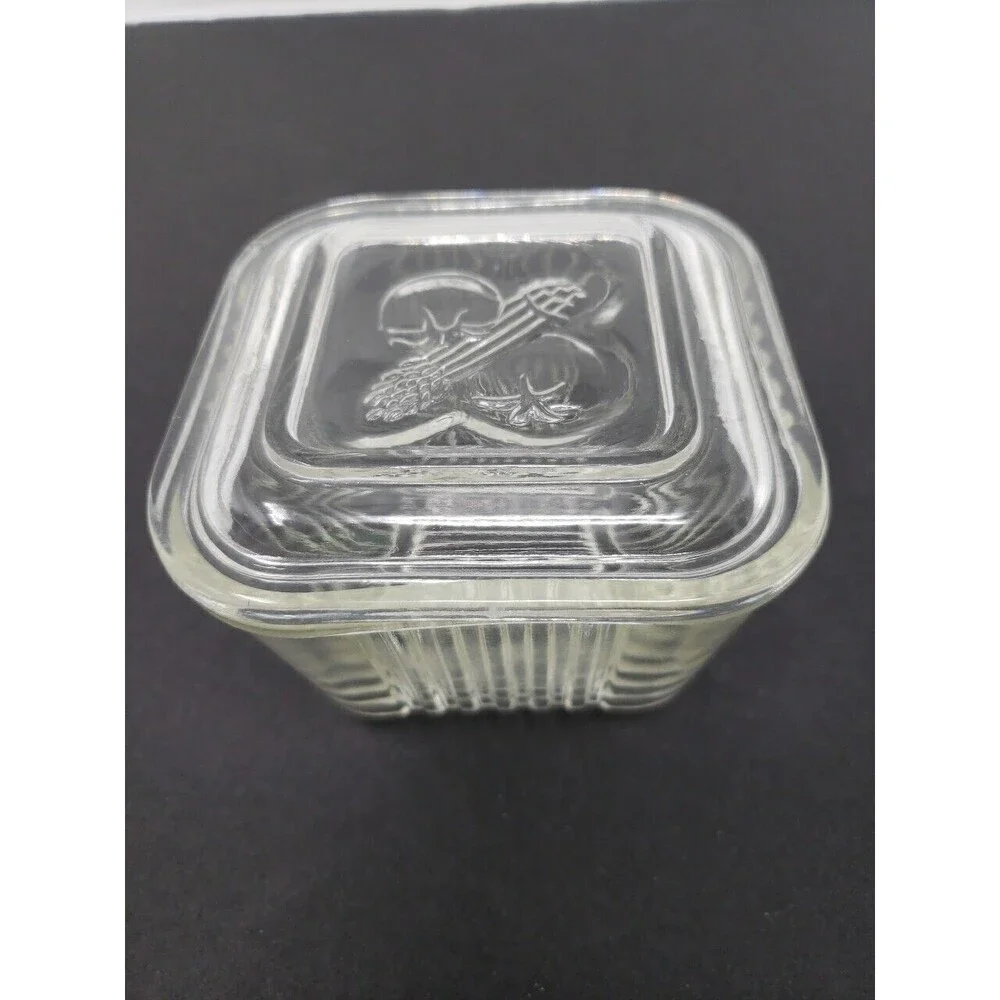 Vintage Federal Glass Refrigerator Bowl Dish Square Embossed Lid 2 small chips
